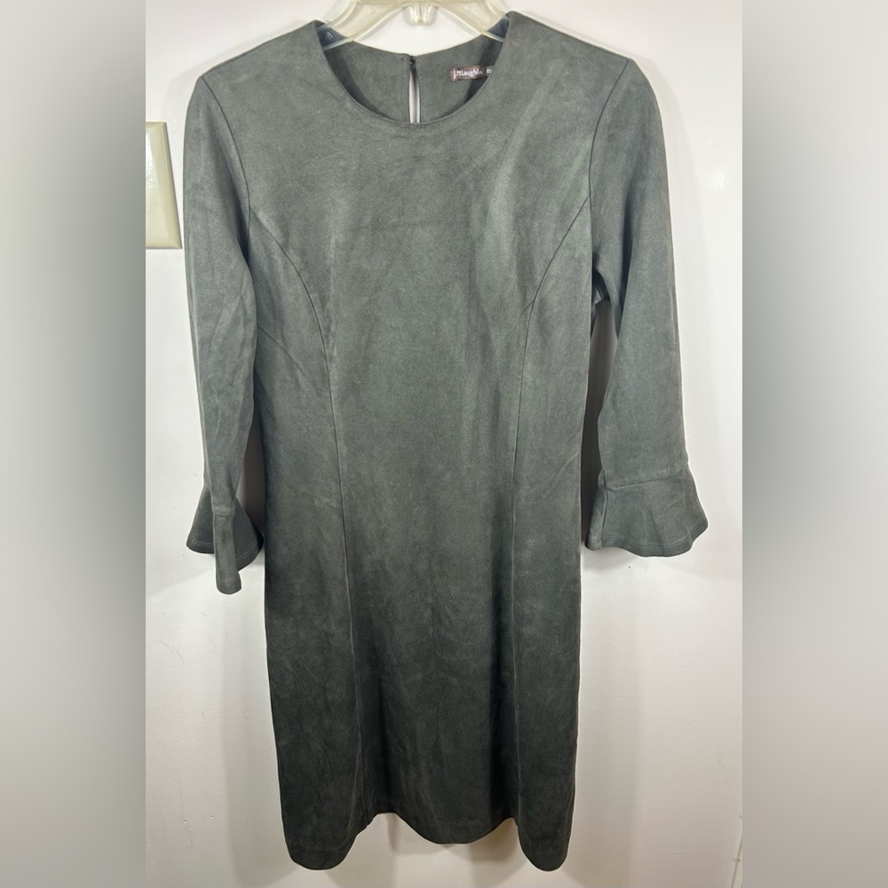 J. McLaughLin Shift Dress XS‎ Green Faux Suede Bell Sleeves Business Casual Chic